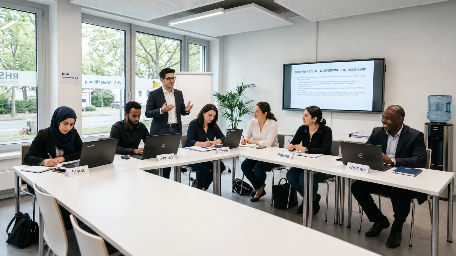 Erwachsenenbildung: Teilnehmende mit Migrationshintergrund in einem Weiterbildungs-Workshop